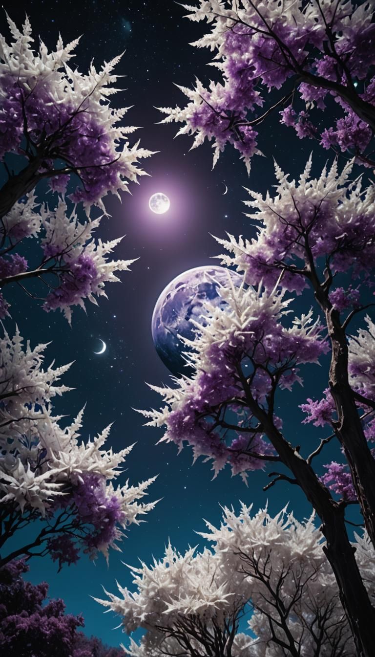 Hyperrealistic Alien Planet with White Trees and Blue Star