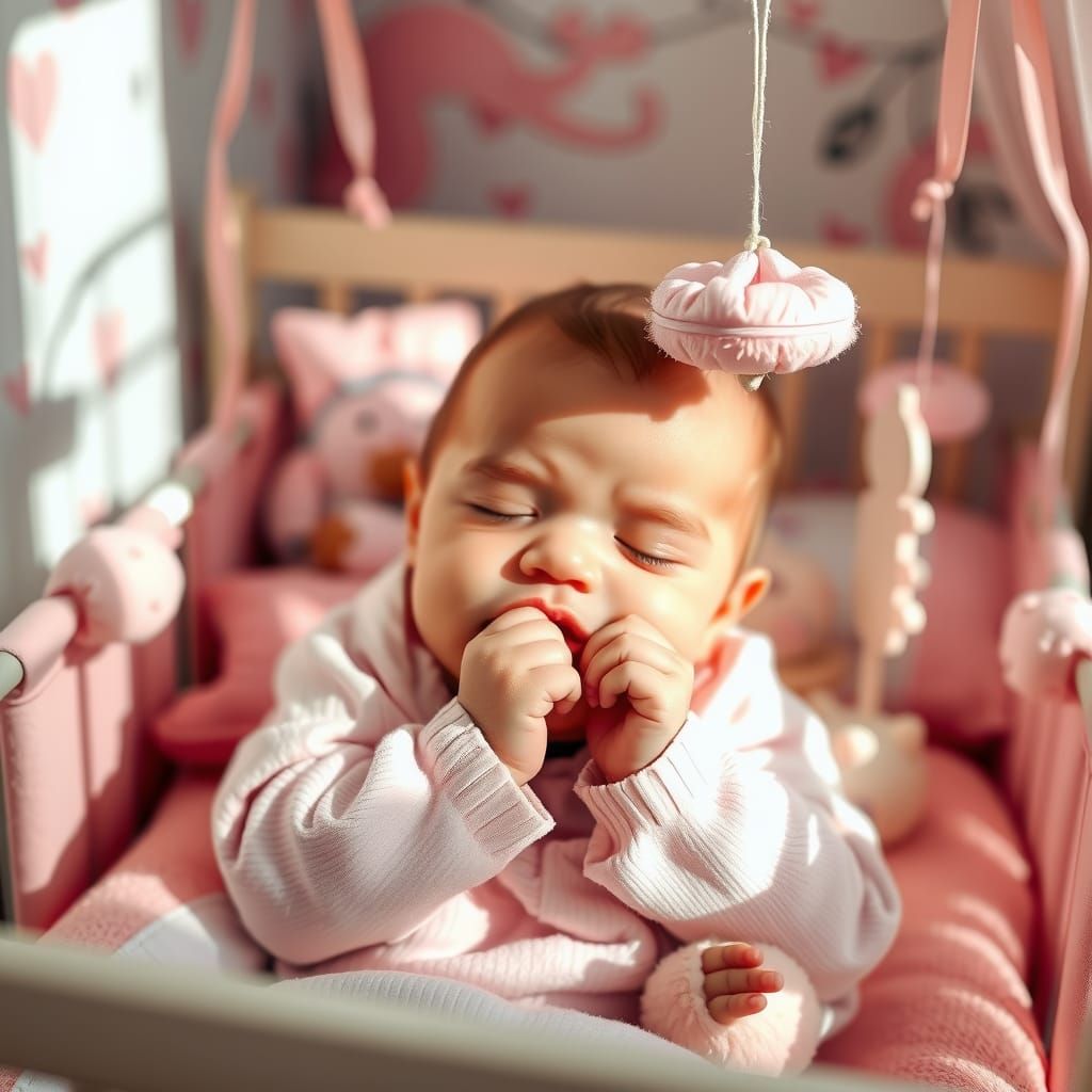 Baby Asleep in Pink Nursery: Ethereal Fantasy Portrait