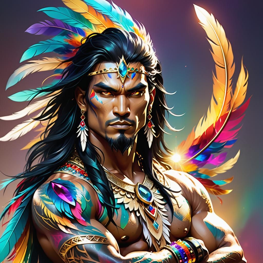 Air Elemental Warrior King with Gemstones and Feathers