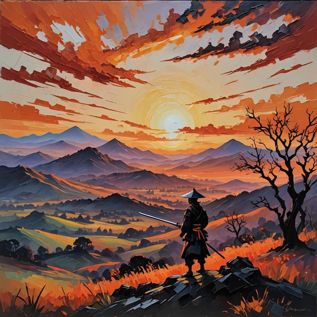 Samurai Silhouette in Expressionist Neo-Impressionism Style