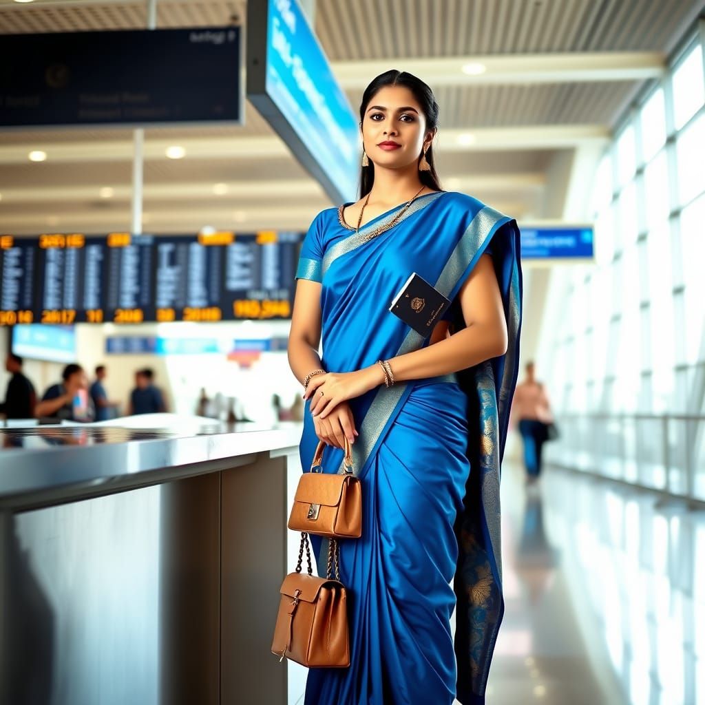 Elegant Indian Woman at International Airport Ticket Counter