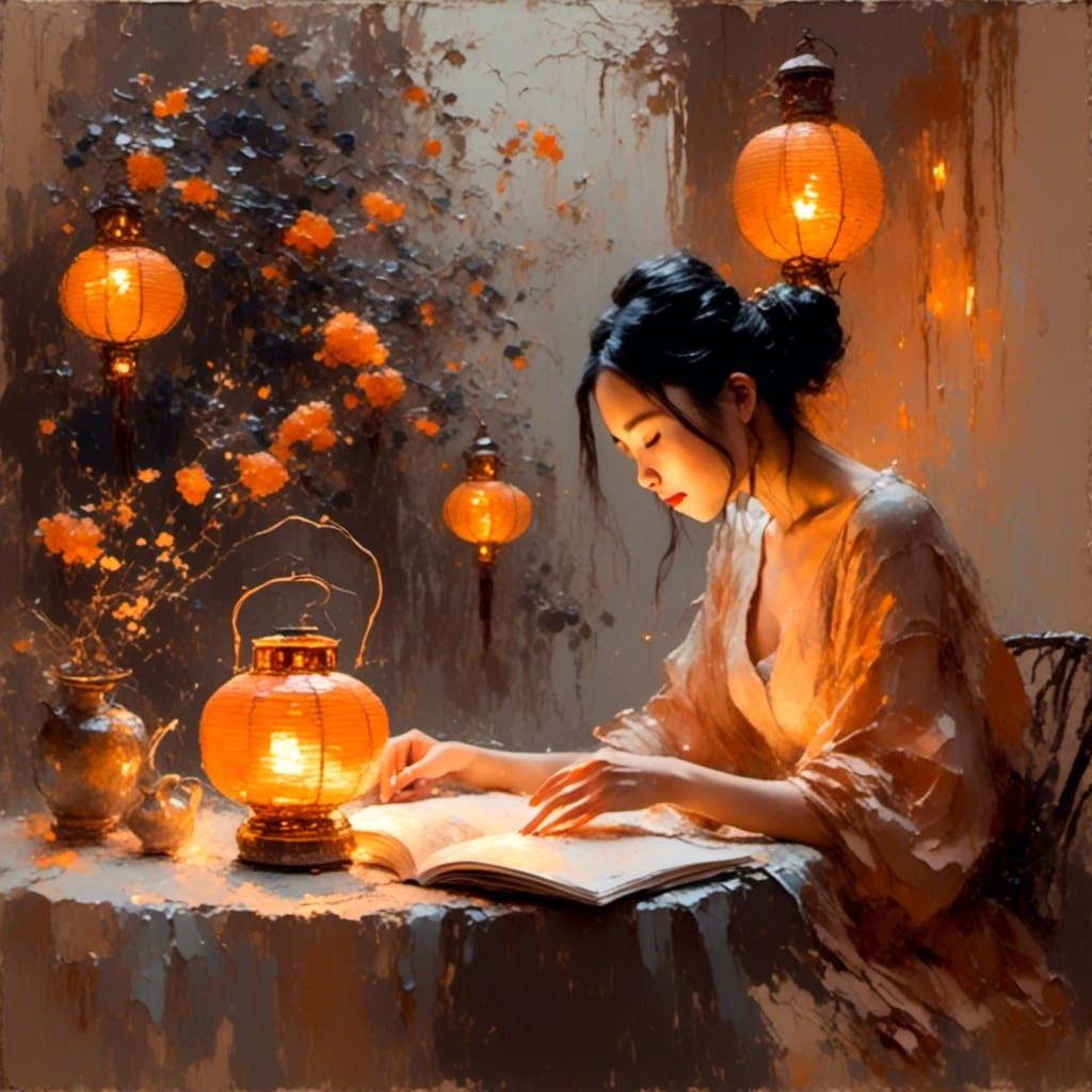 Impressionist Painting of Woman Reading by Lantern