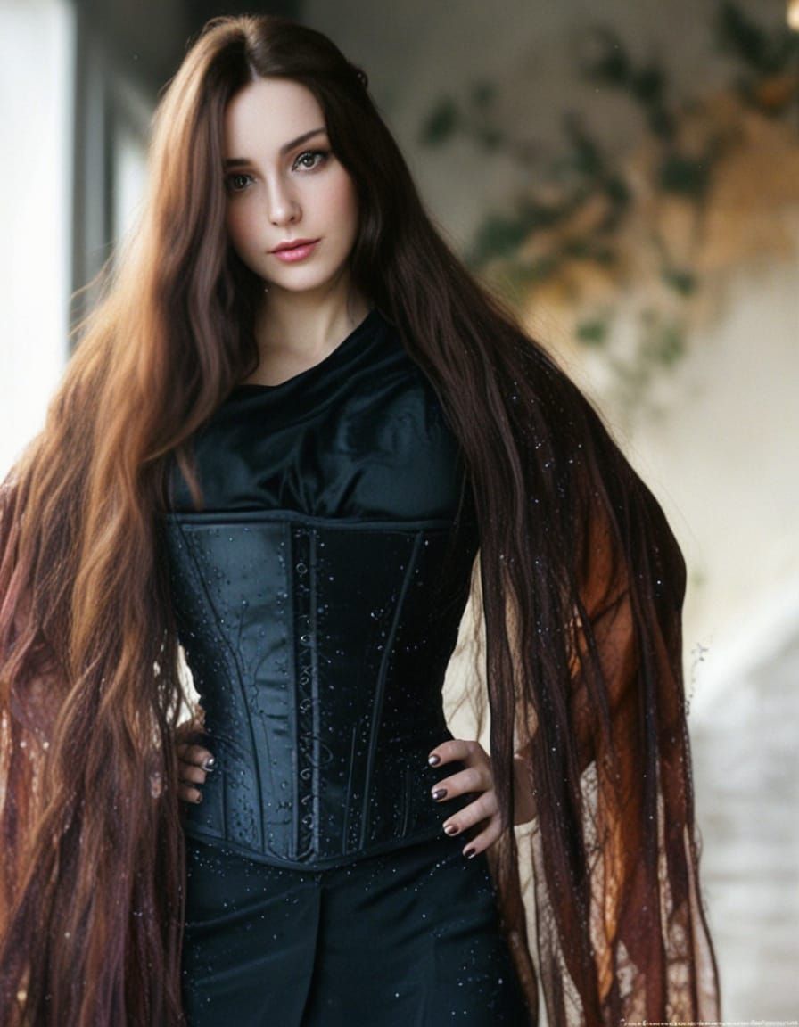 A goth bride sits serenely, embodying elegance and grace. Her latex gown features a classic design with a fitted bodice ...