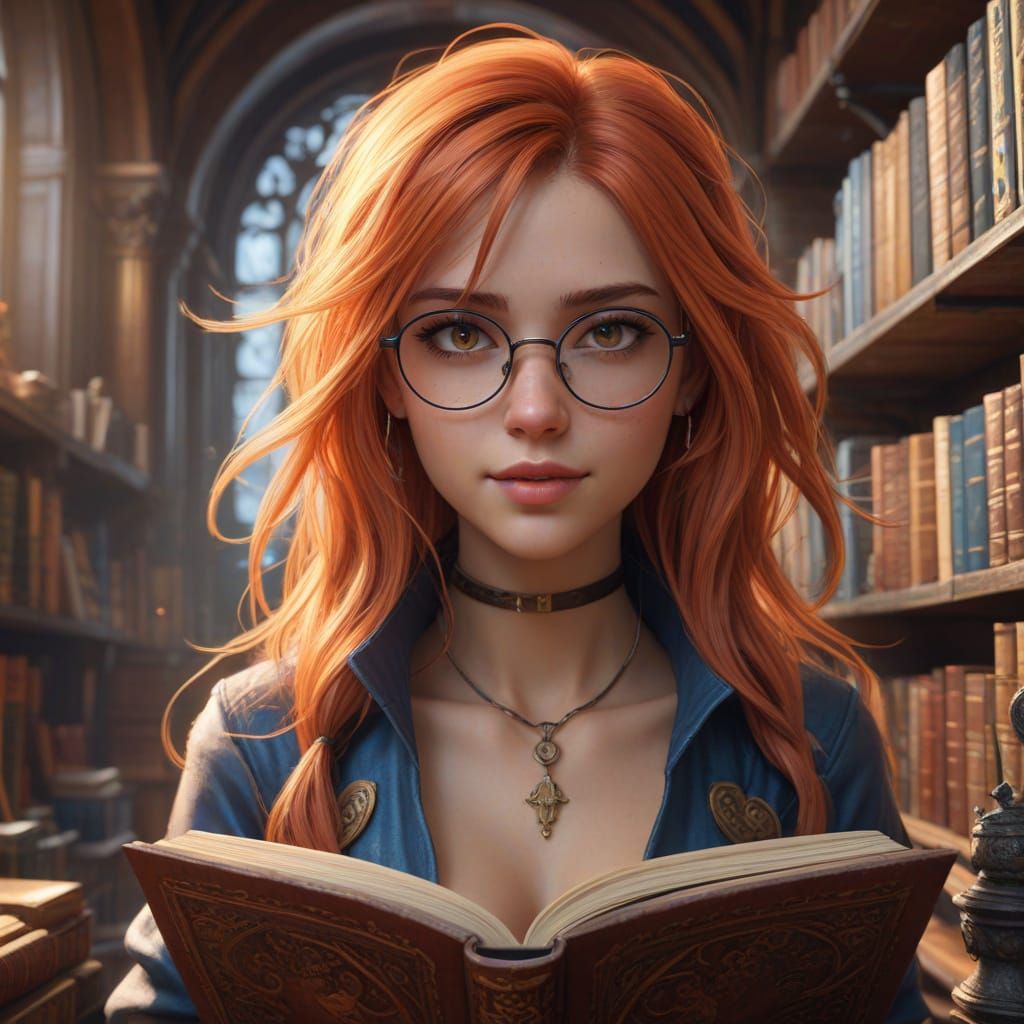 Elegant College Student in Whimsical Library Scene