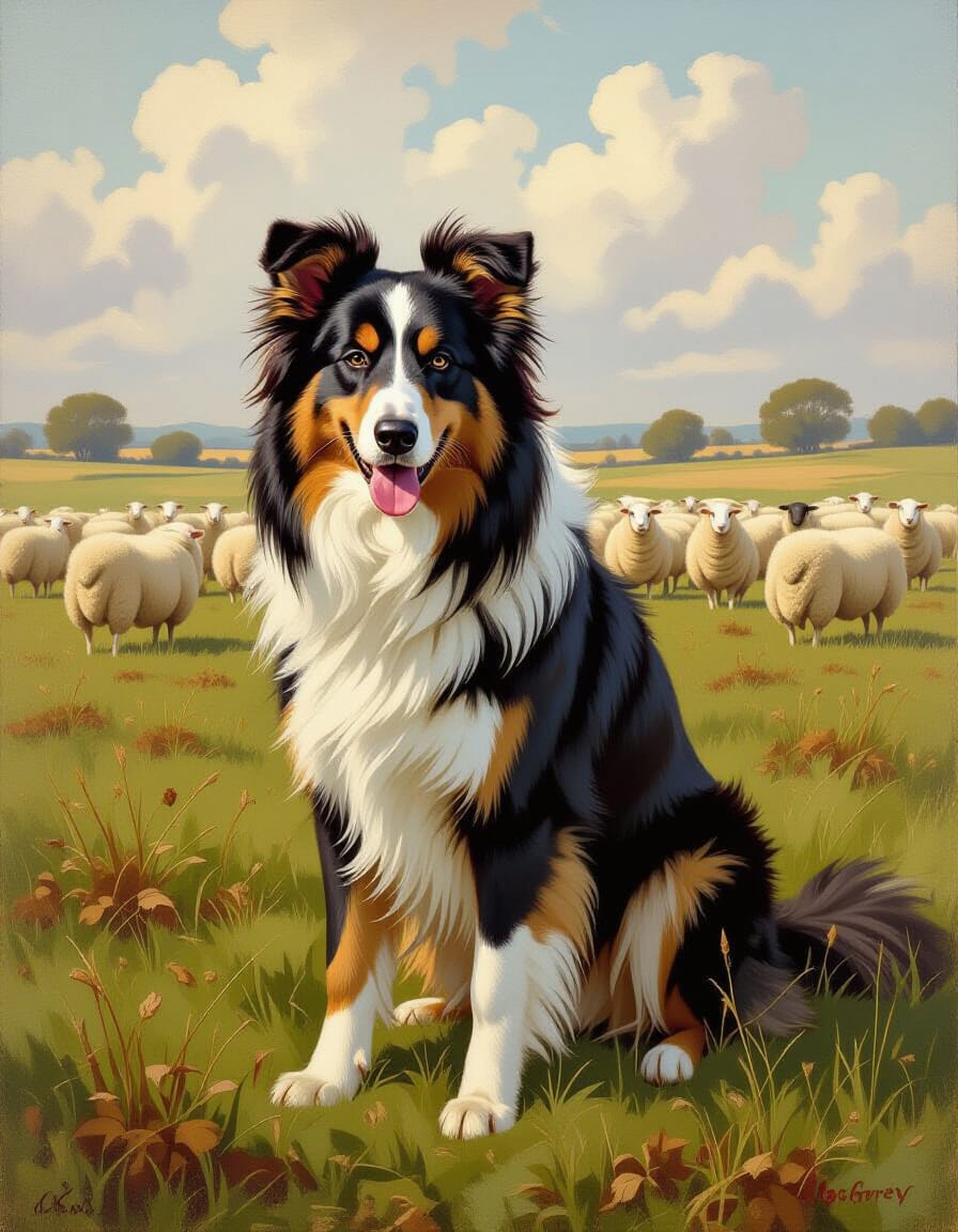 Collie Dog Portrait with Sheep in English Landscape