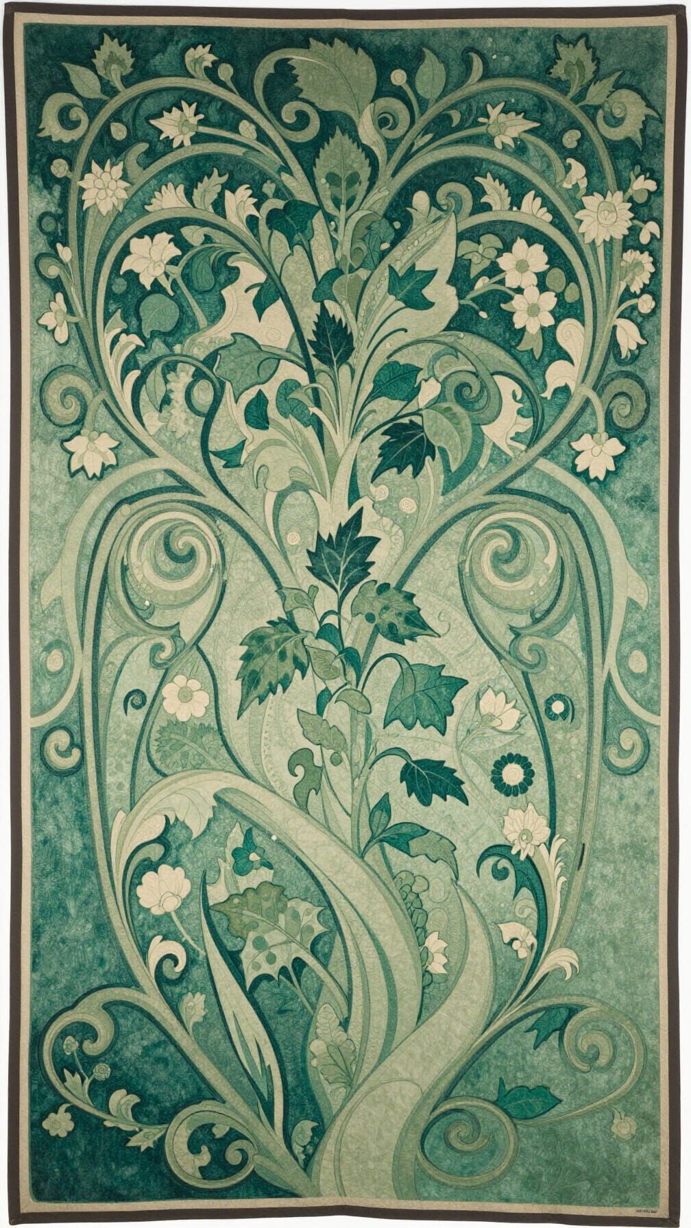 Art Nouveau Tapestry: Emerald Botanical Harmony