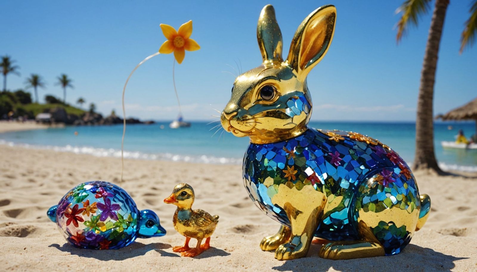 Whimsical Beach Glass Sculpture with Rabbit and Duck
