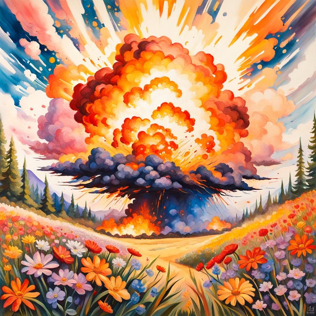 Atomic Explosion in Floral Meadow: Gouache Impression