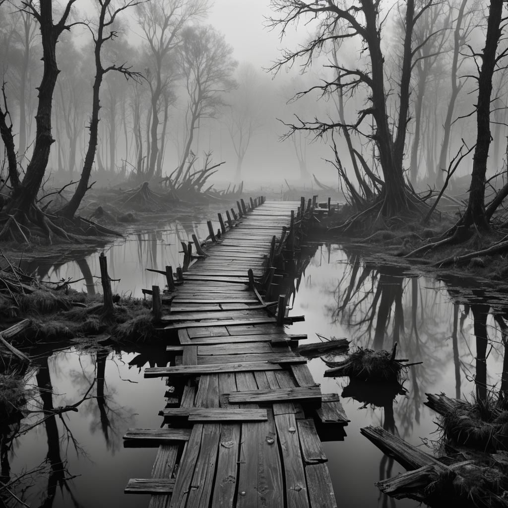 Creepy Swamp Bridge in Black and White Photography