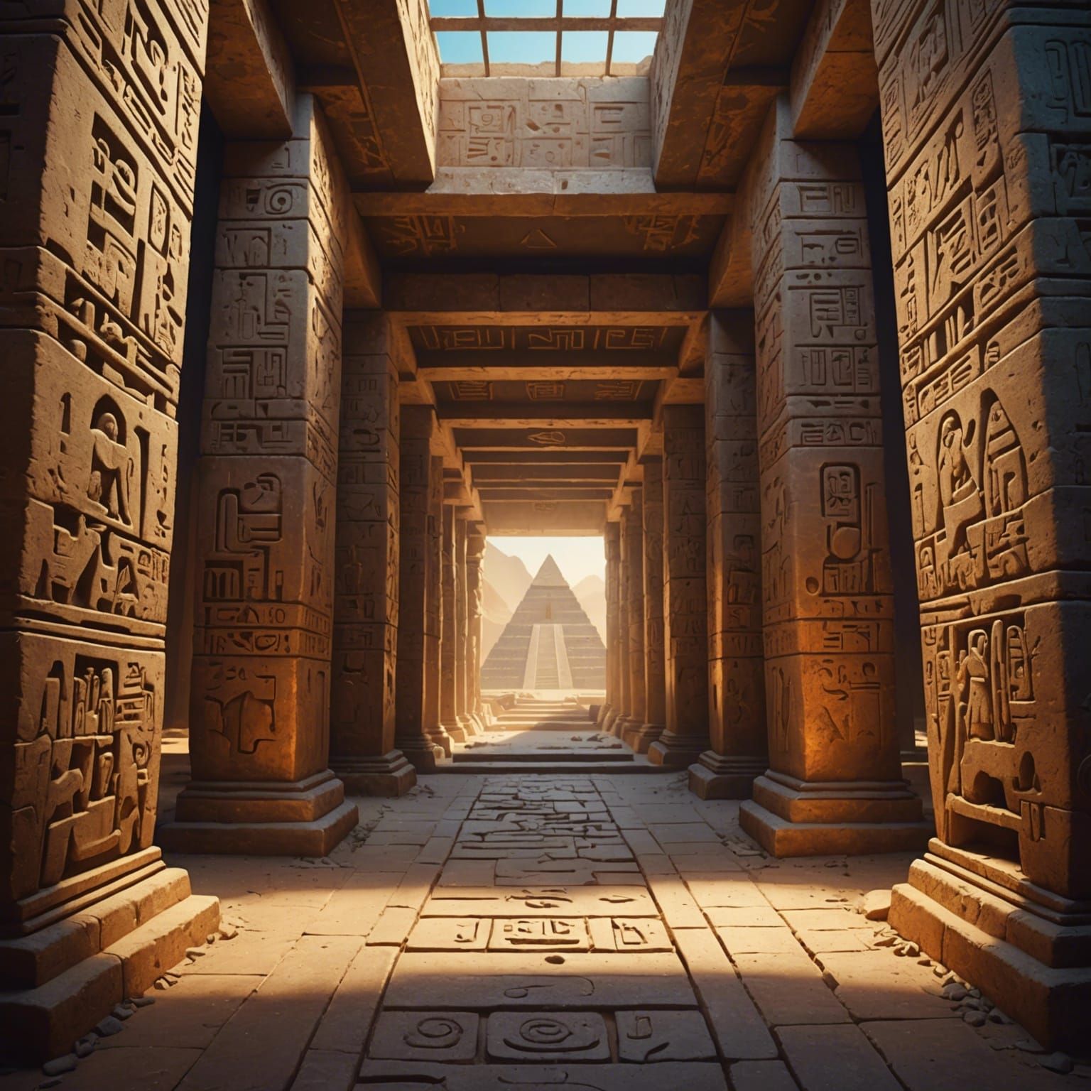 Hyperrealistic Hallway Beneath Ancient Pyramid