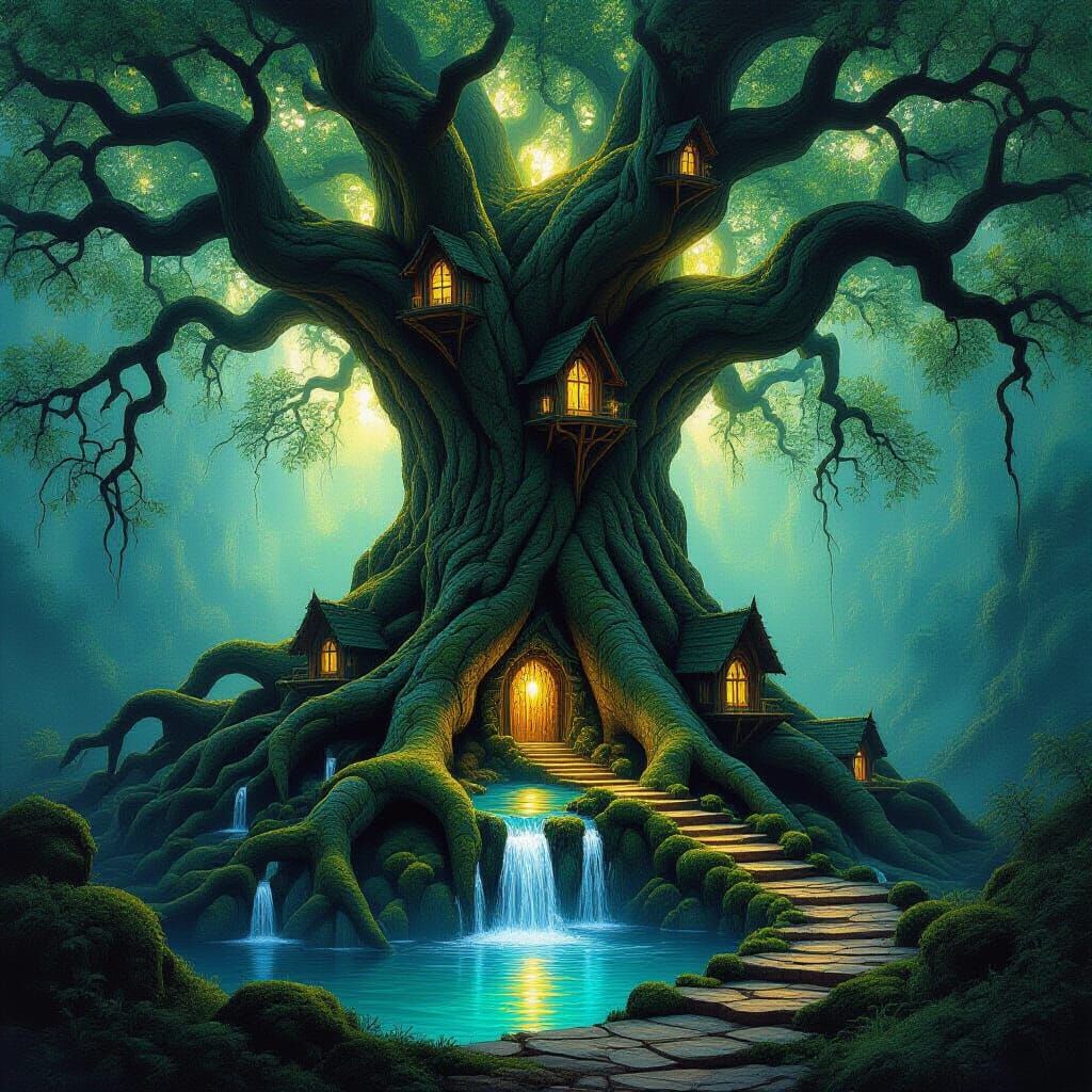 Elven City Hidden Within Ancient, Gnarled Tree