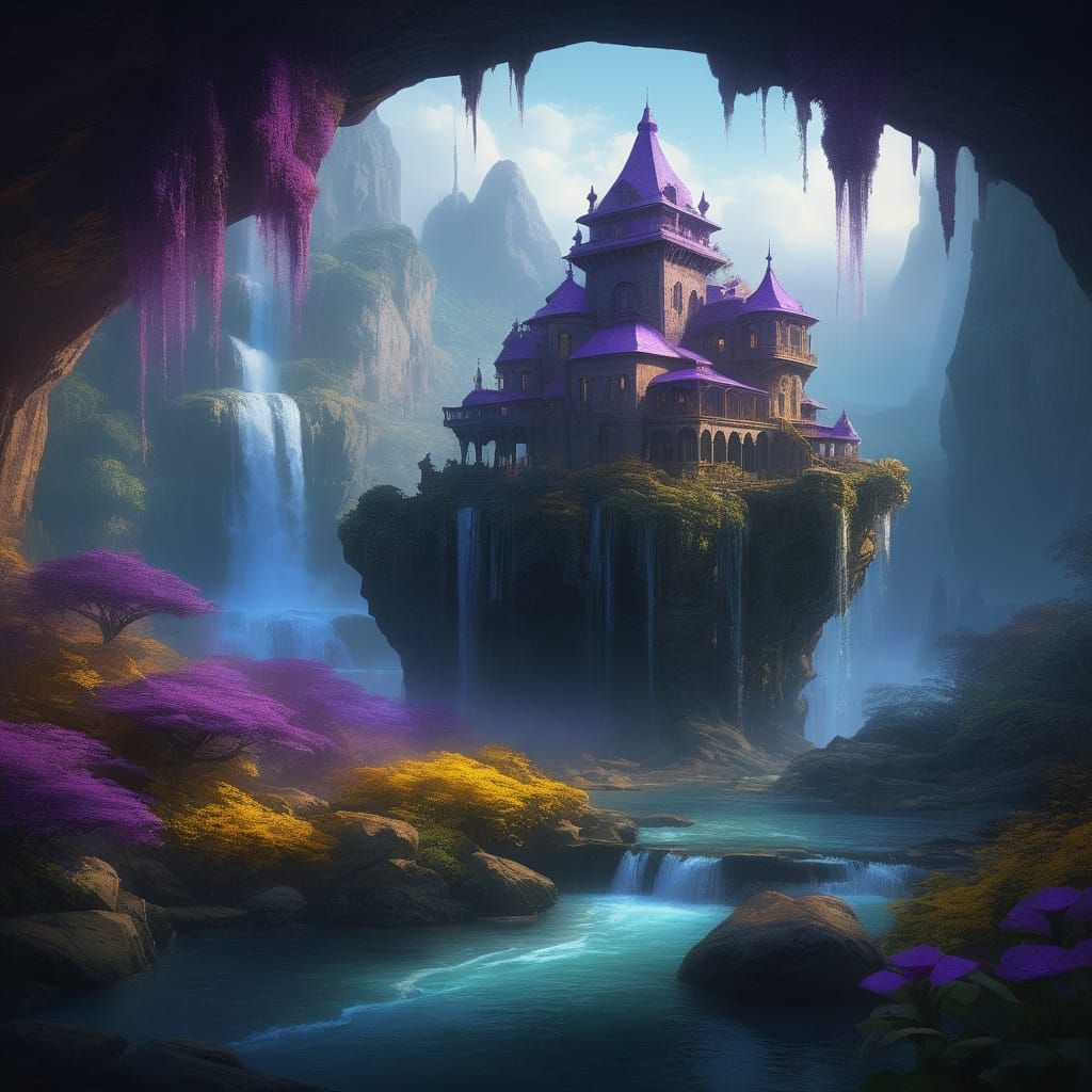 Turtle Island Waterfalls in Dark Fantasy Art Nouveau