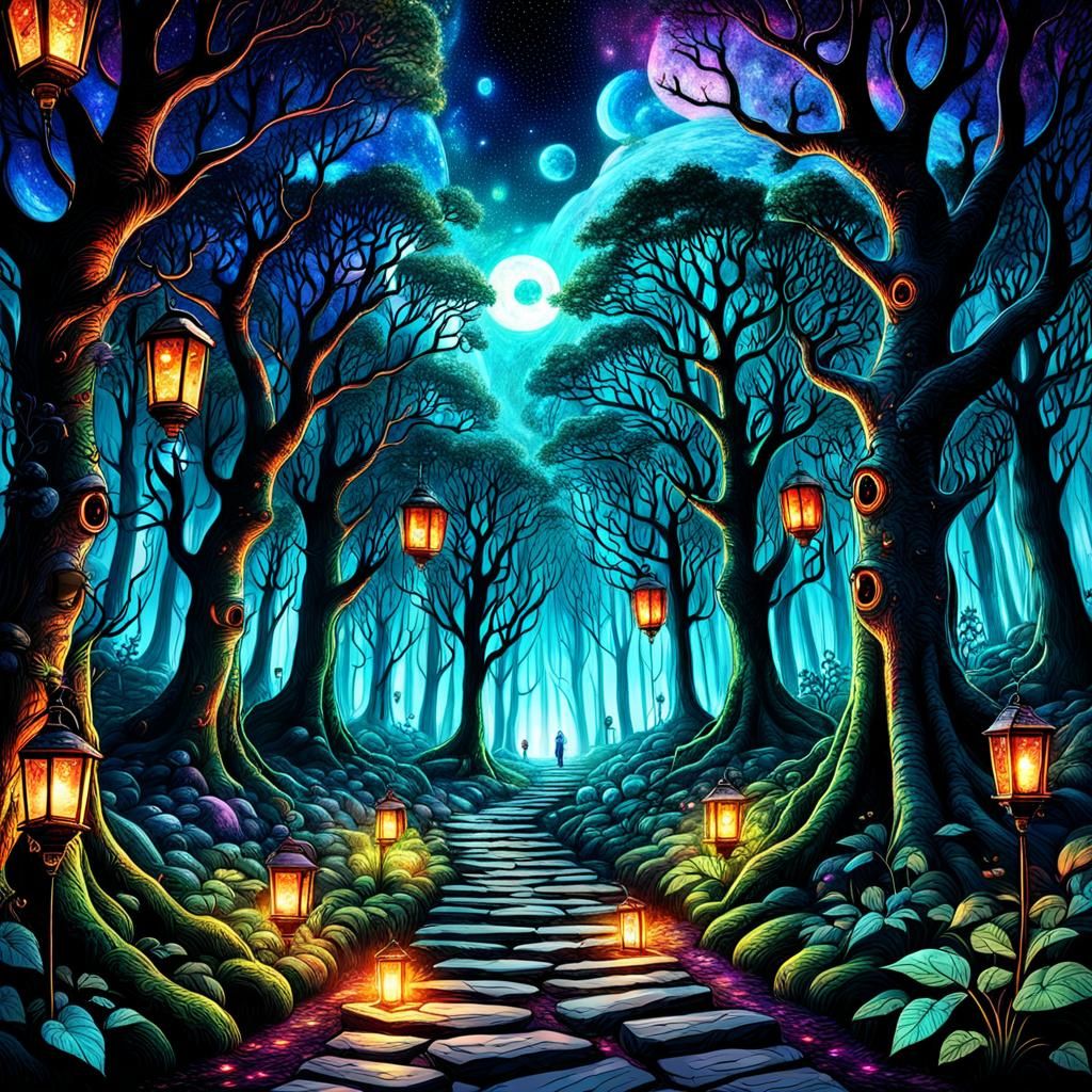 Magical Forest with Lanterns and Cosmic Sky
