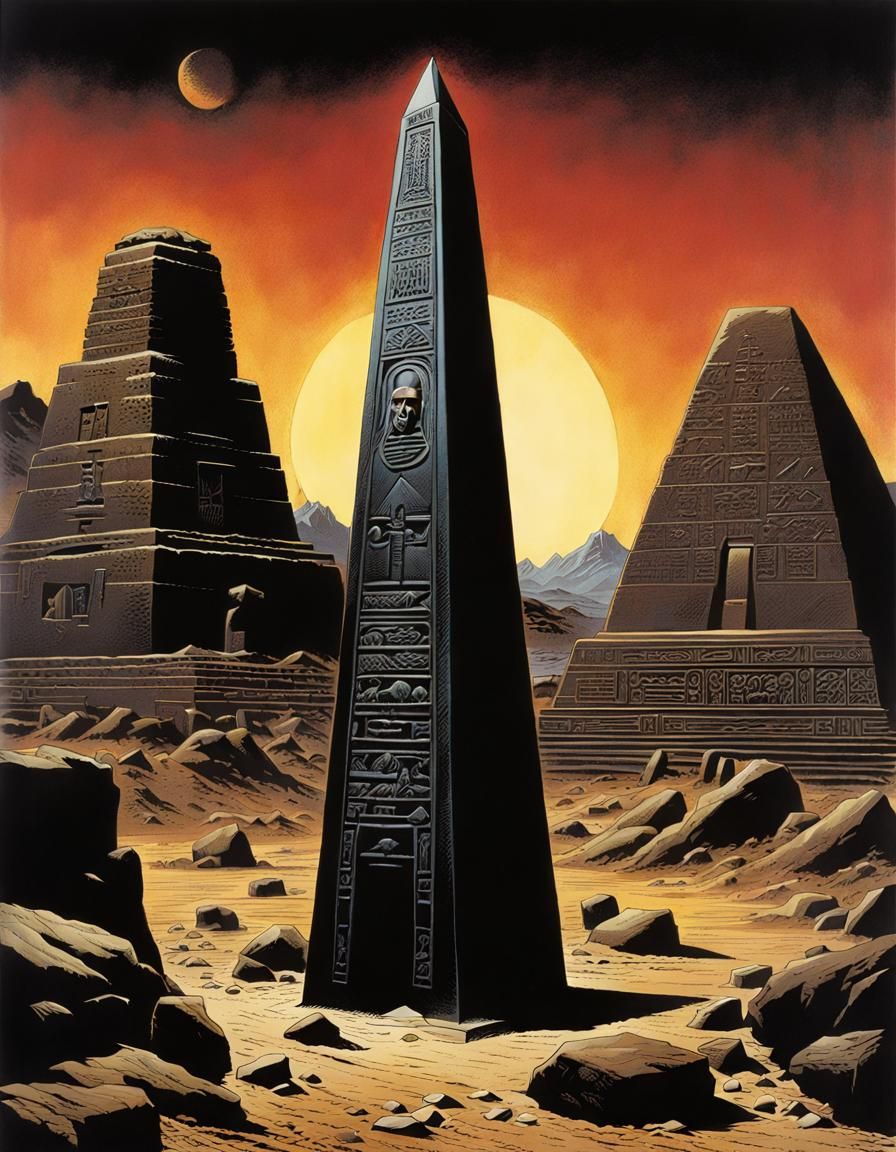 Metallic Hieroglyphs on Obelisk in Comic Art Style