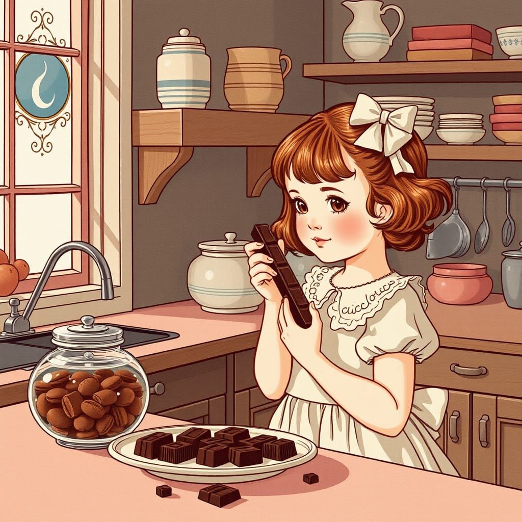 Art Nouveau Girl Enjoys Chocolate in Kitchen