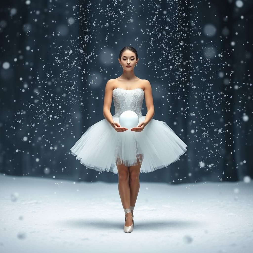 Ballerina in Snow Amidst Falling Flakes and Crystal Ball