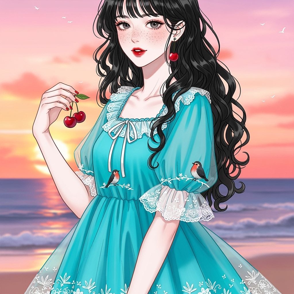 Anime Style Girl in Blue Dress on Beach