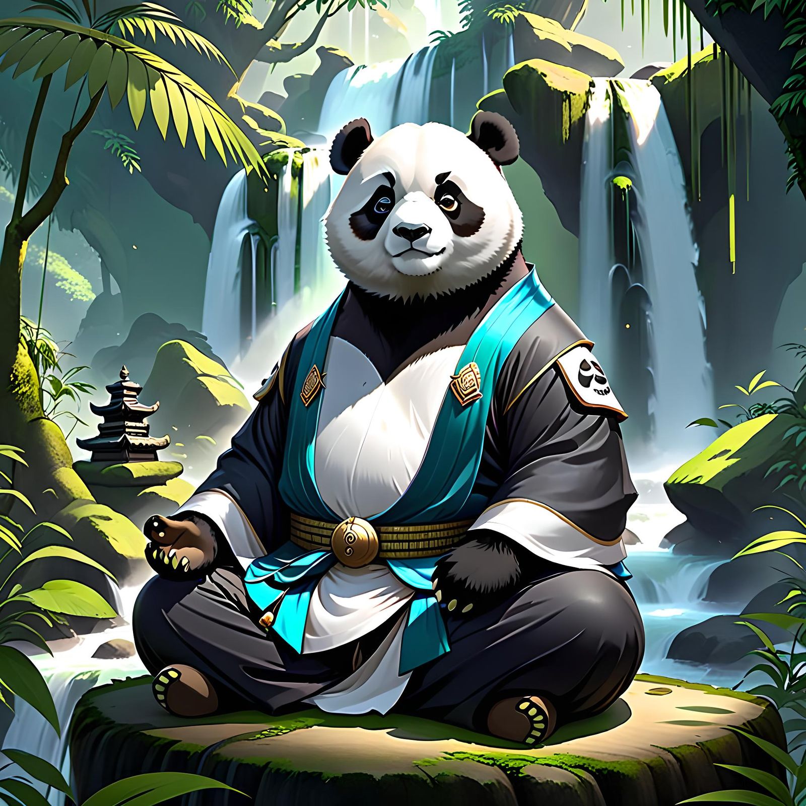 Meditating Panda Kung Fu Master in Jungle Scene