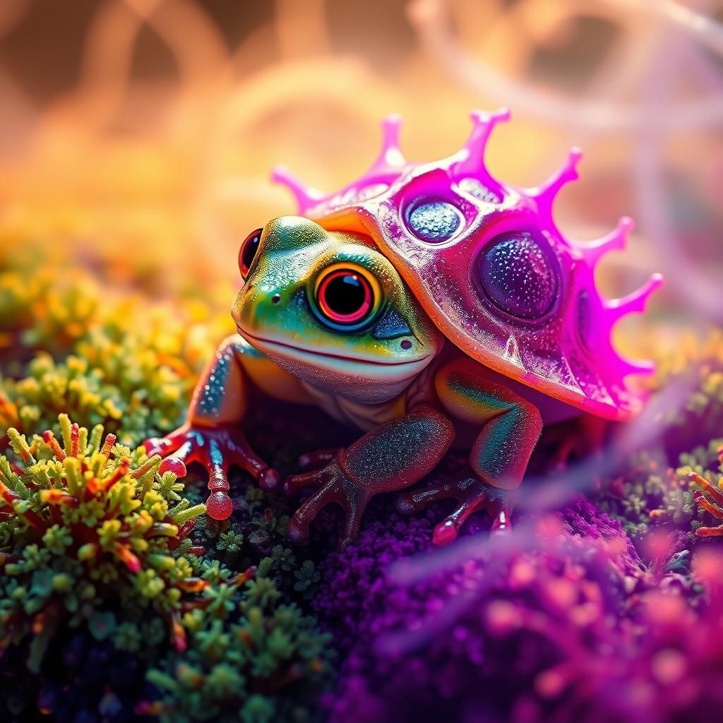 Luminous Frog-Tortoise Creature in a Fluorescent Mist