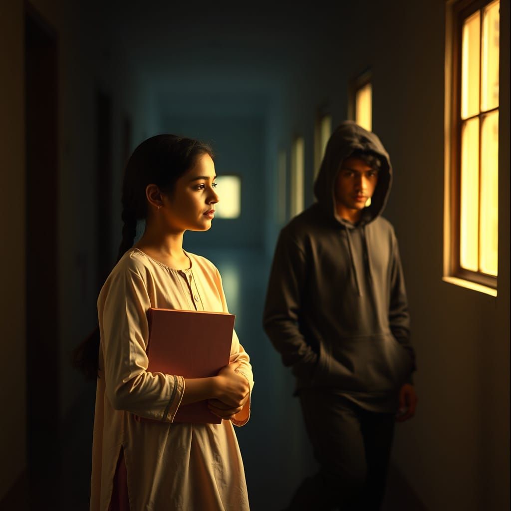 Girl in College Corridor, Cinematic Film Still