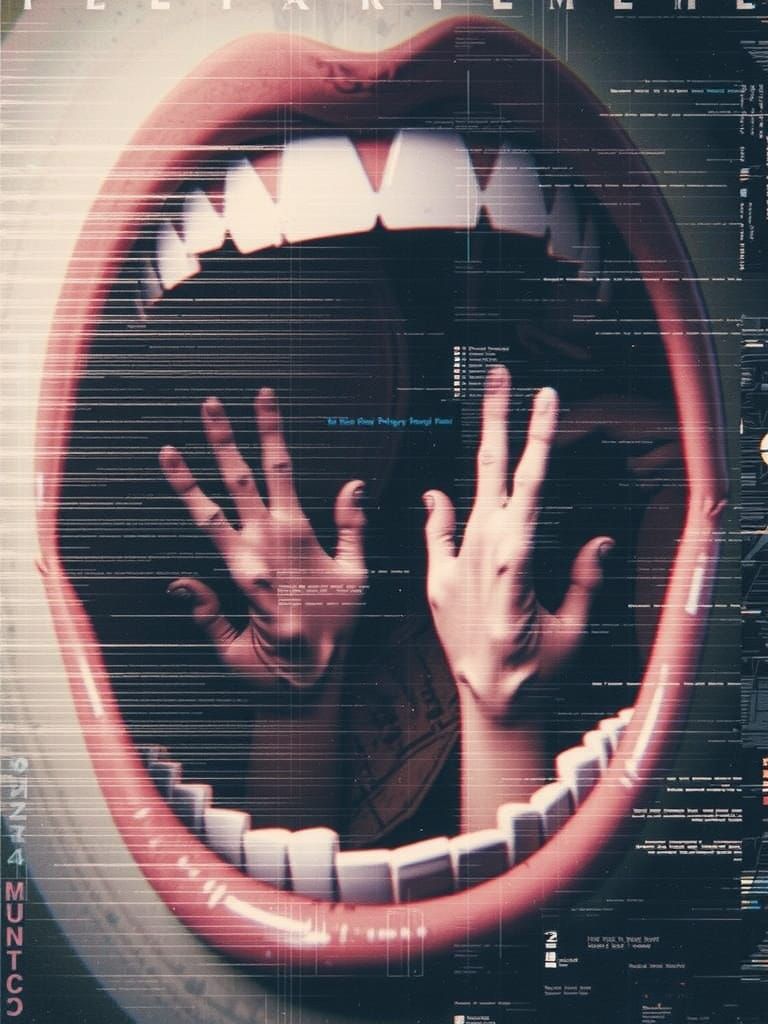 A glitching and grainy image of a wide open mouth with hands desperately reaching out from inside, surrealism, acrylic, ...