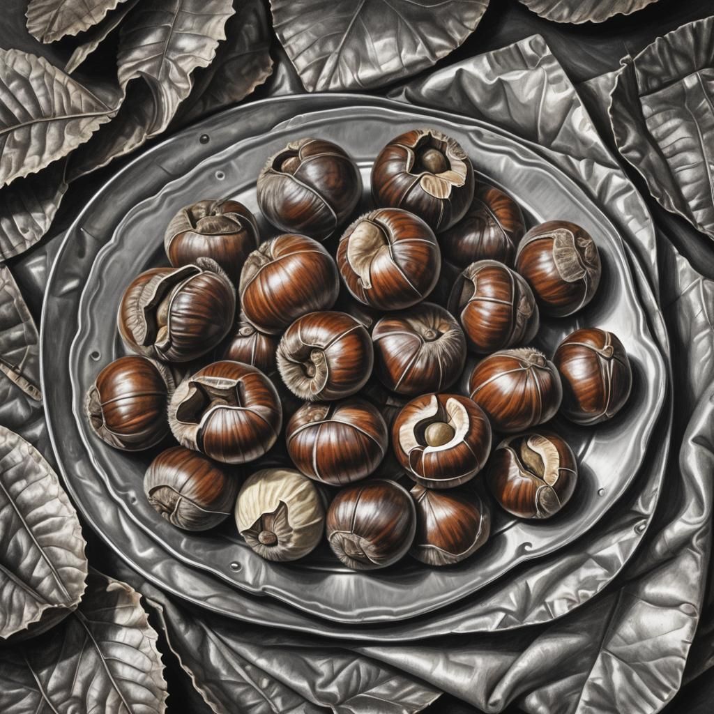 Hyperdetailed Charcoal Drawing of Chestnuts on Tin