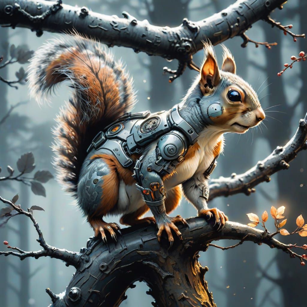 Cyborg Squirrel in Traditional Japanese Ink Style