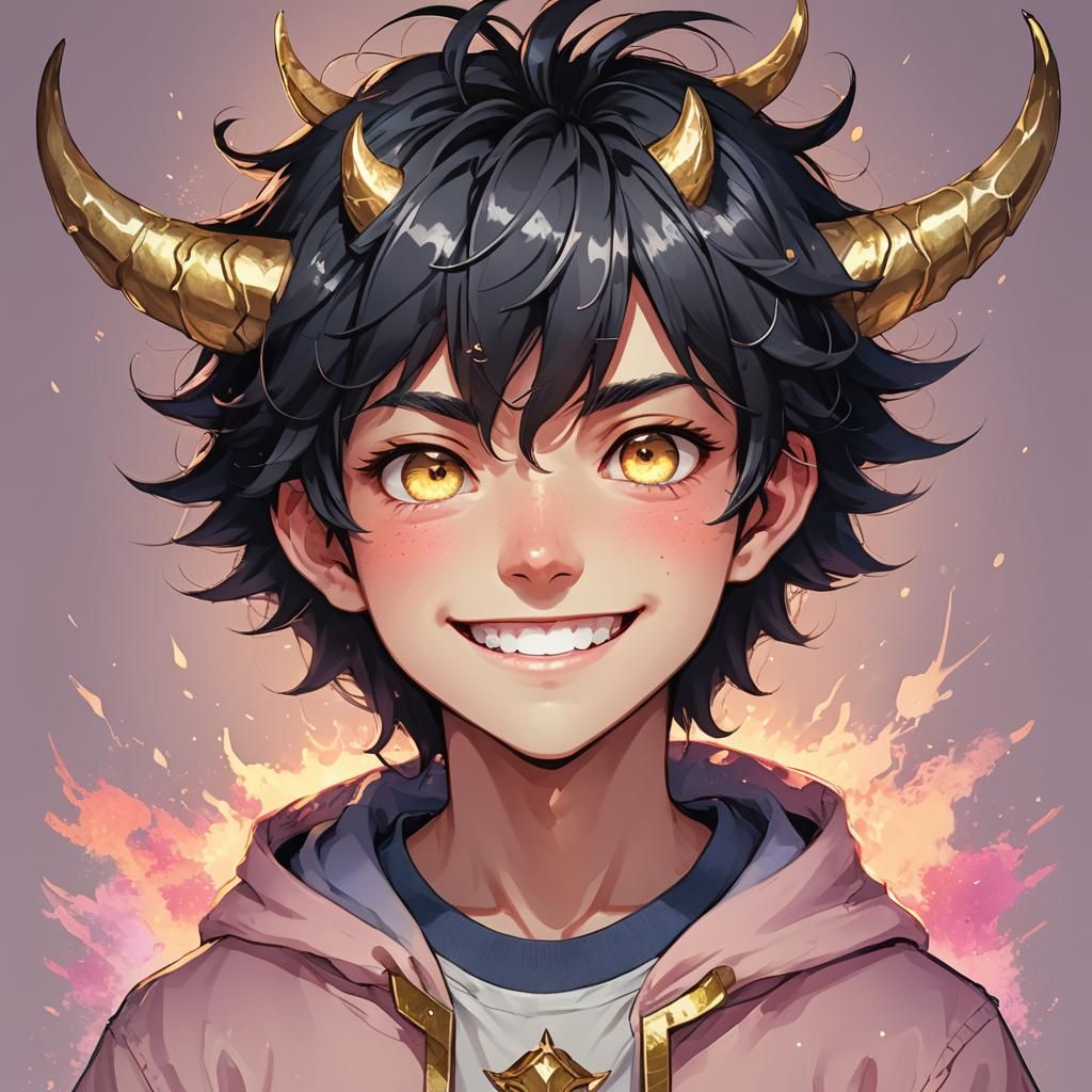 Cute Demon Boy Smiling: Moe Anime Portrait