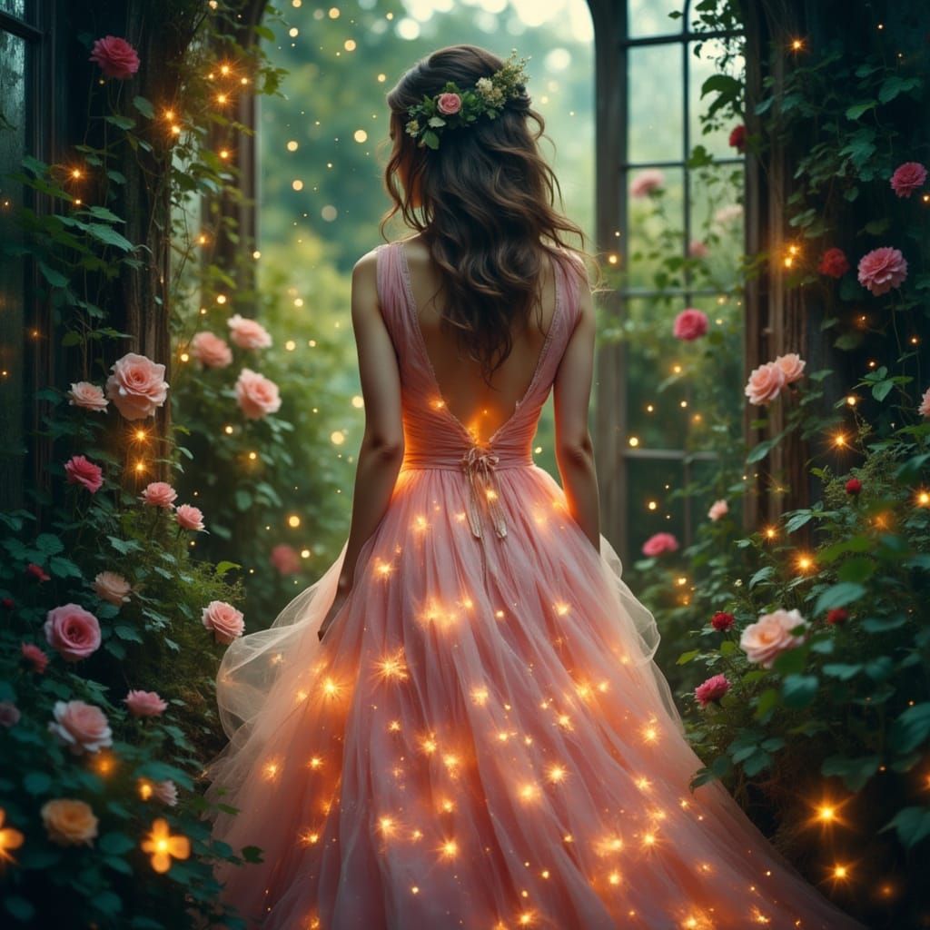 Romantic Cinematic Film Still of Woman in Whimsical Garden