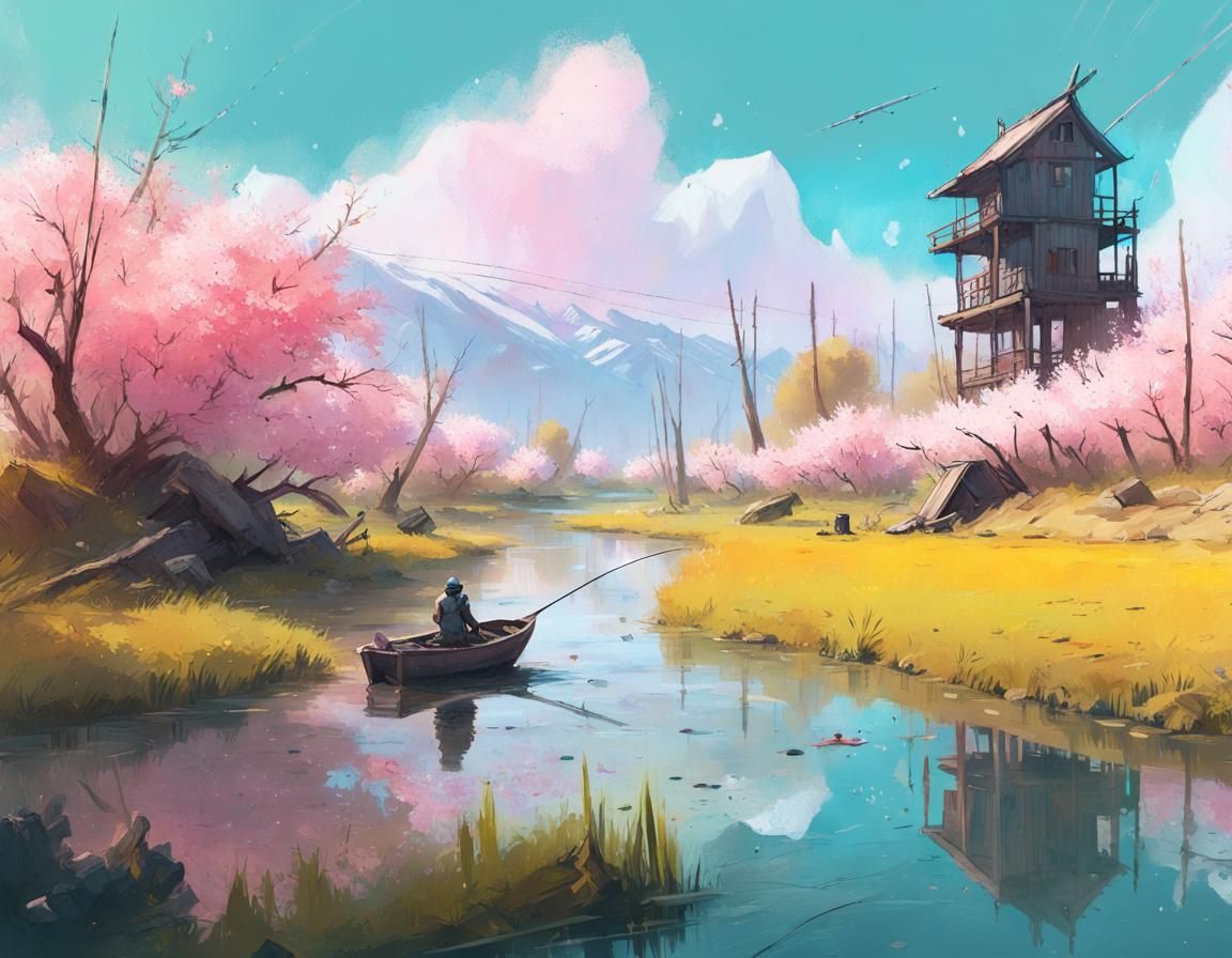 Sakura Lagoon: A Summer Fishing Scene