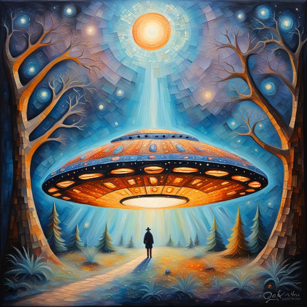 Mysterious Illuminated UFO in Folk Art Style