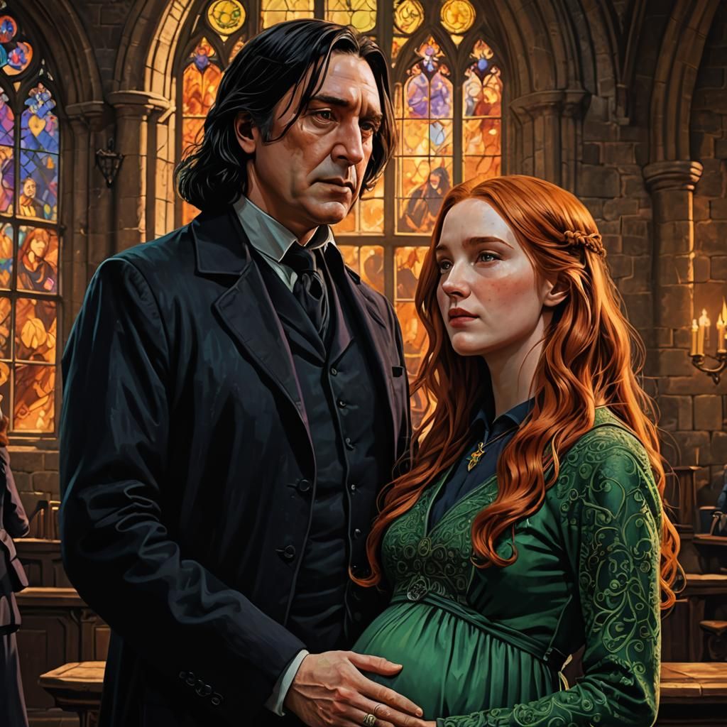 Pregnant Woman with Man in Hogwarts: Hyperrealistic Art