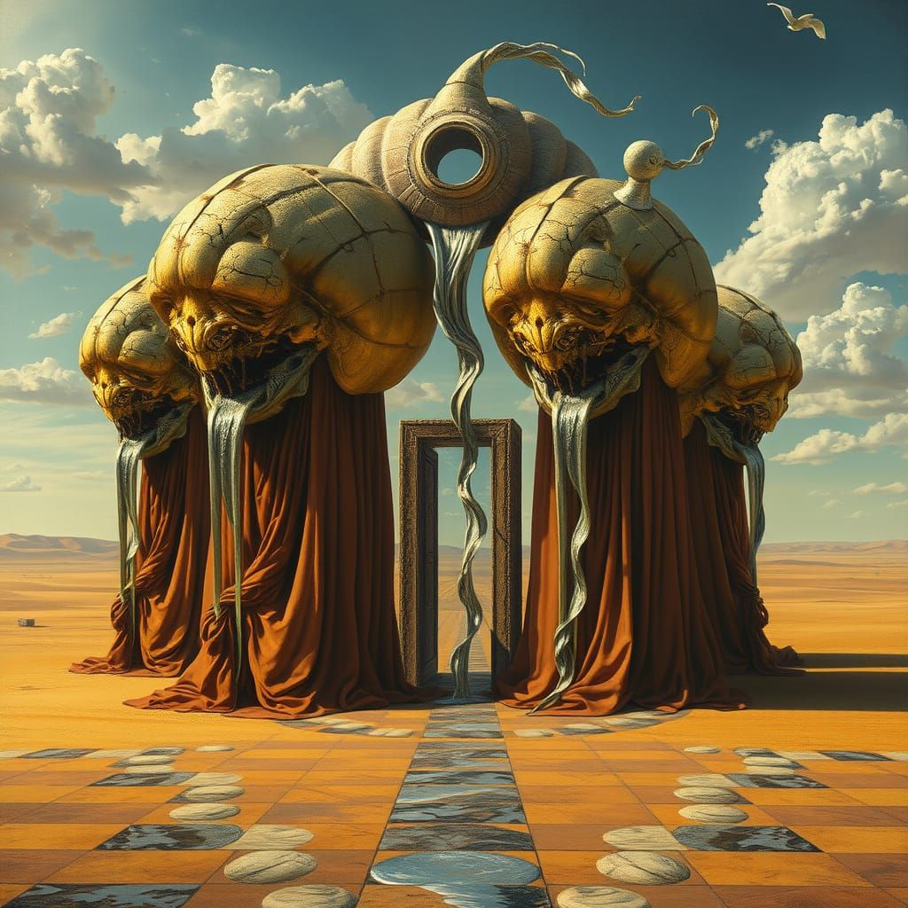 Surreal Desert Monuments with Flowing Silver Ribbons