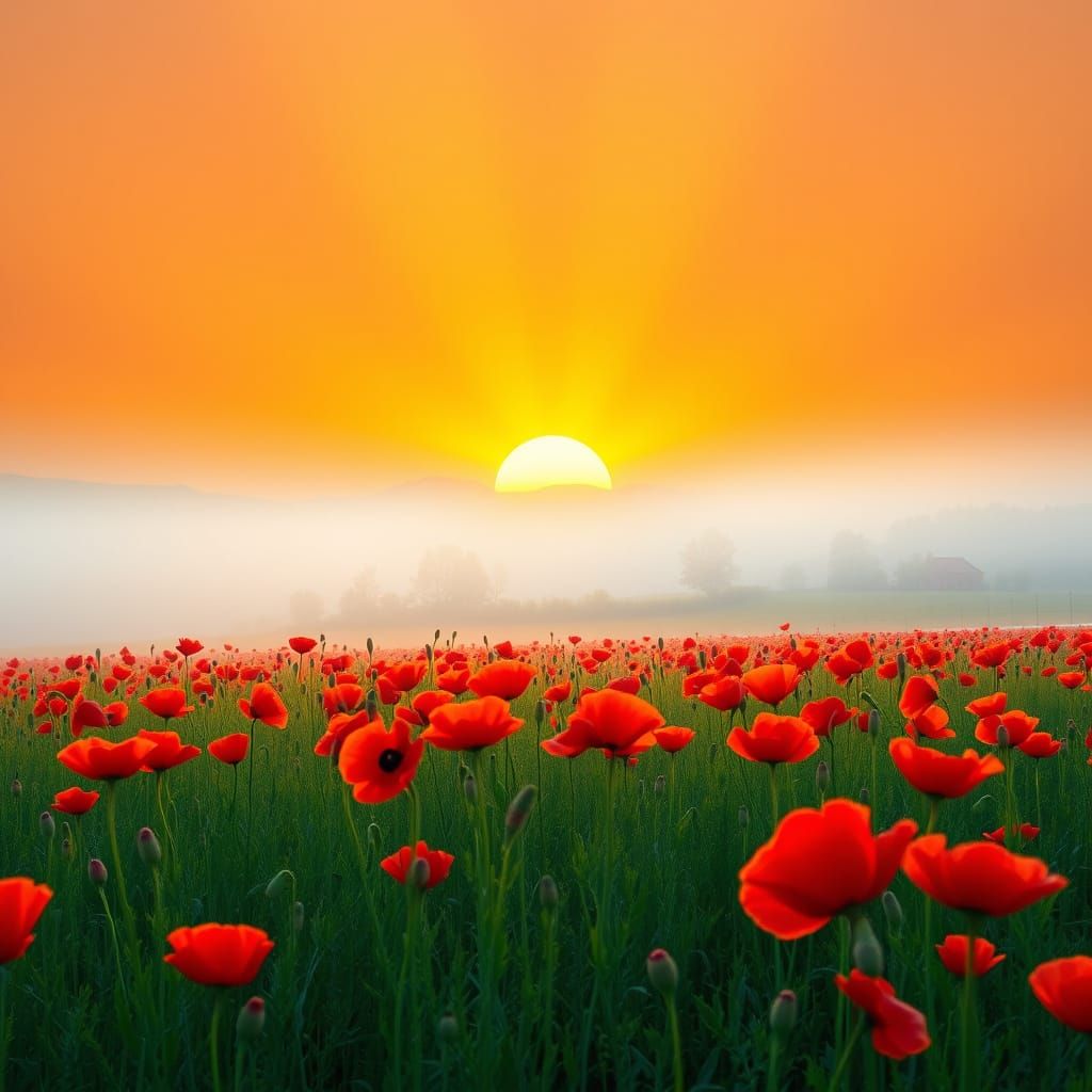 Poppy Field in Morning Mist: Pop Art Landscape