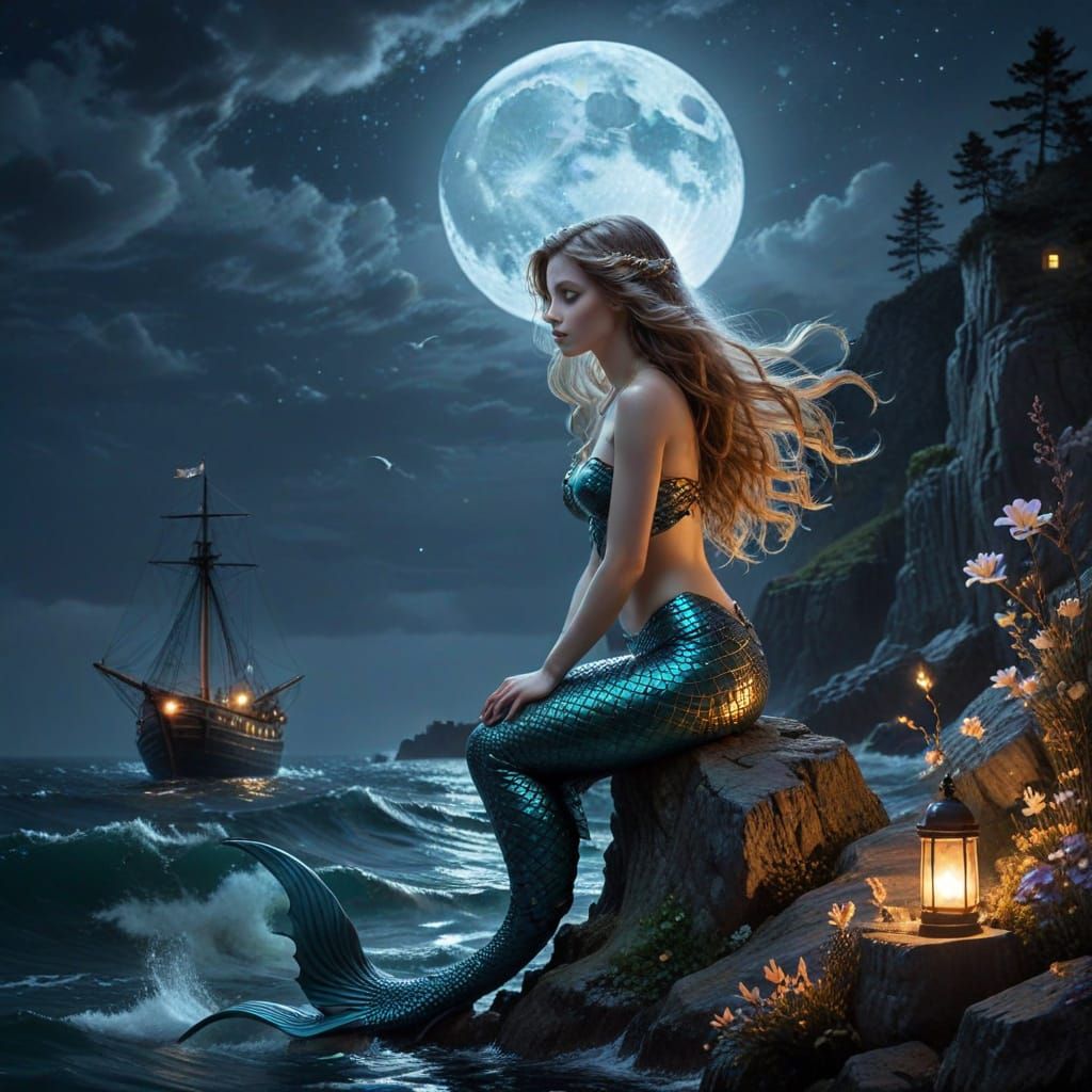 Under moonlight a mermaid with flowing hair gazes sorrowfull...