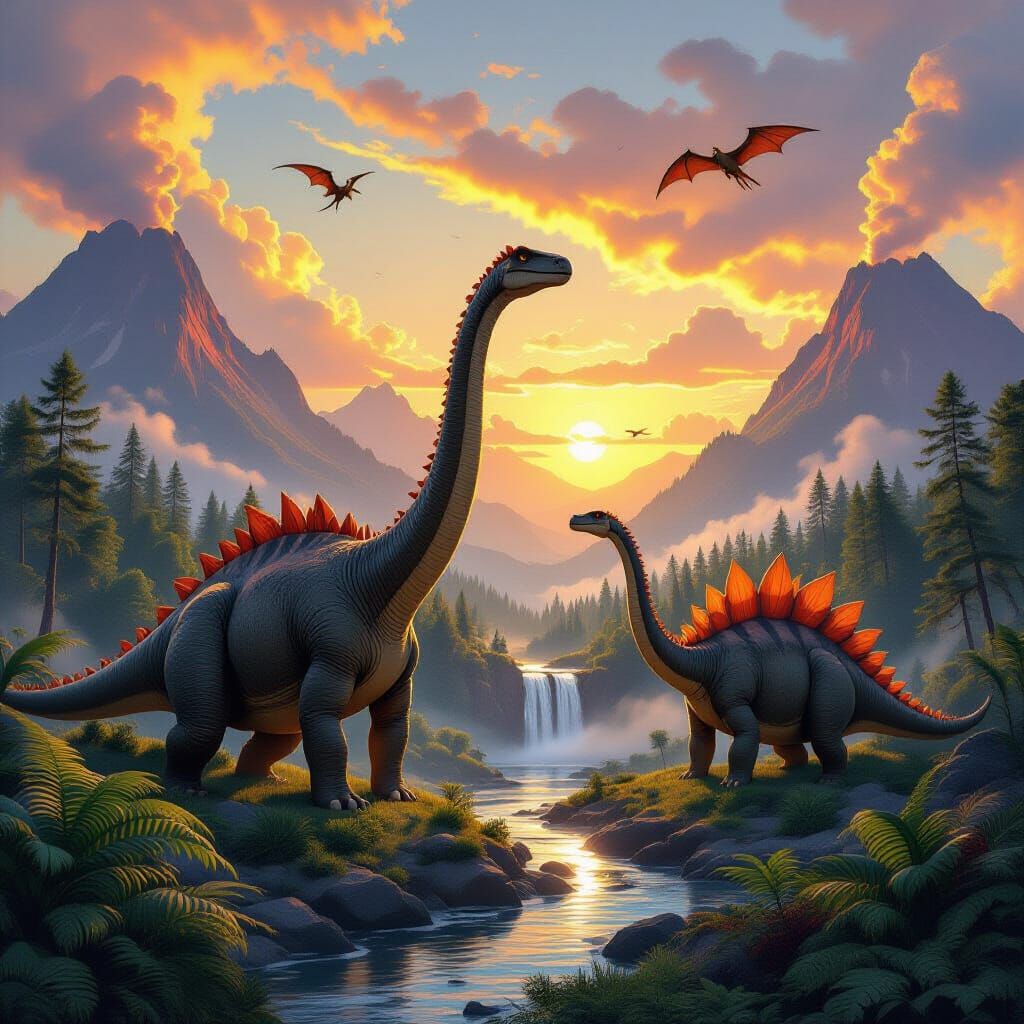 Jurassic Dinosaurs Roaming in a Prehistoric Landscape