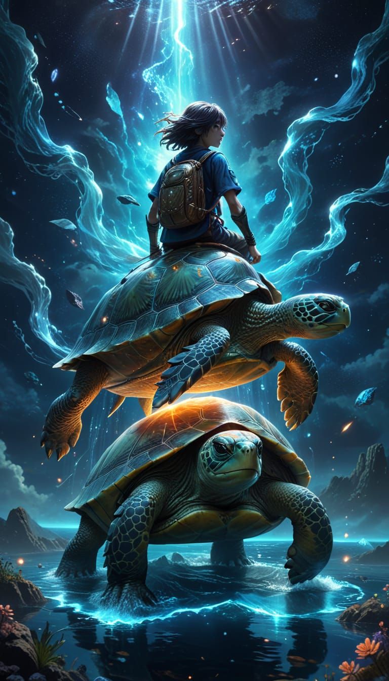 Anime Dog Rides Glowing Turtle Across Cosmic Ocean