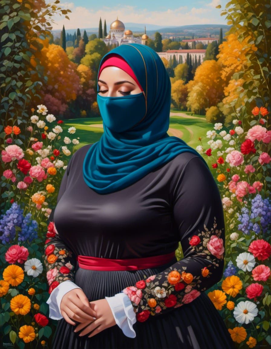 Masked Woman Portrait in Forest Garden Oil Painting