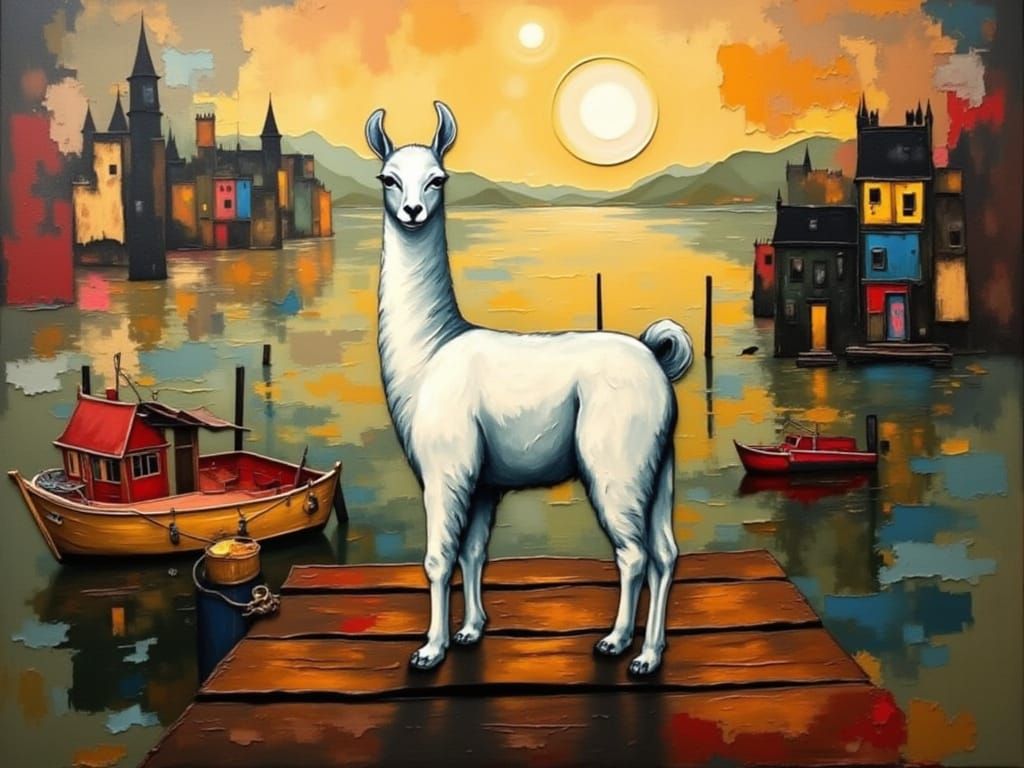 Llama on Dock: Mixed Media Collage Art