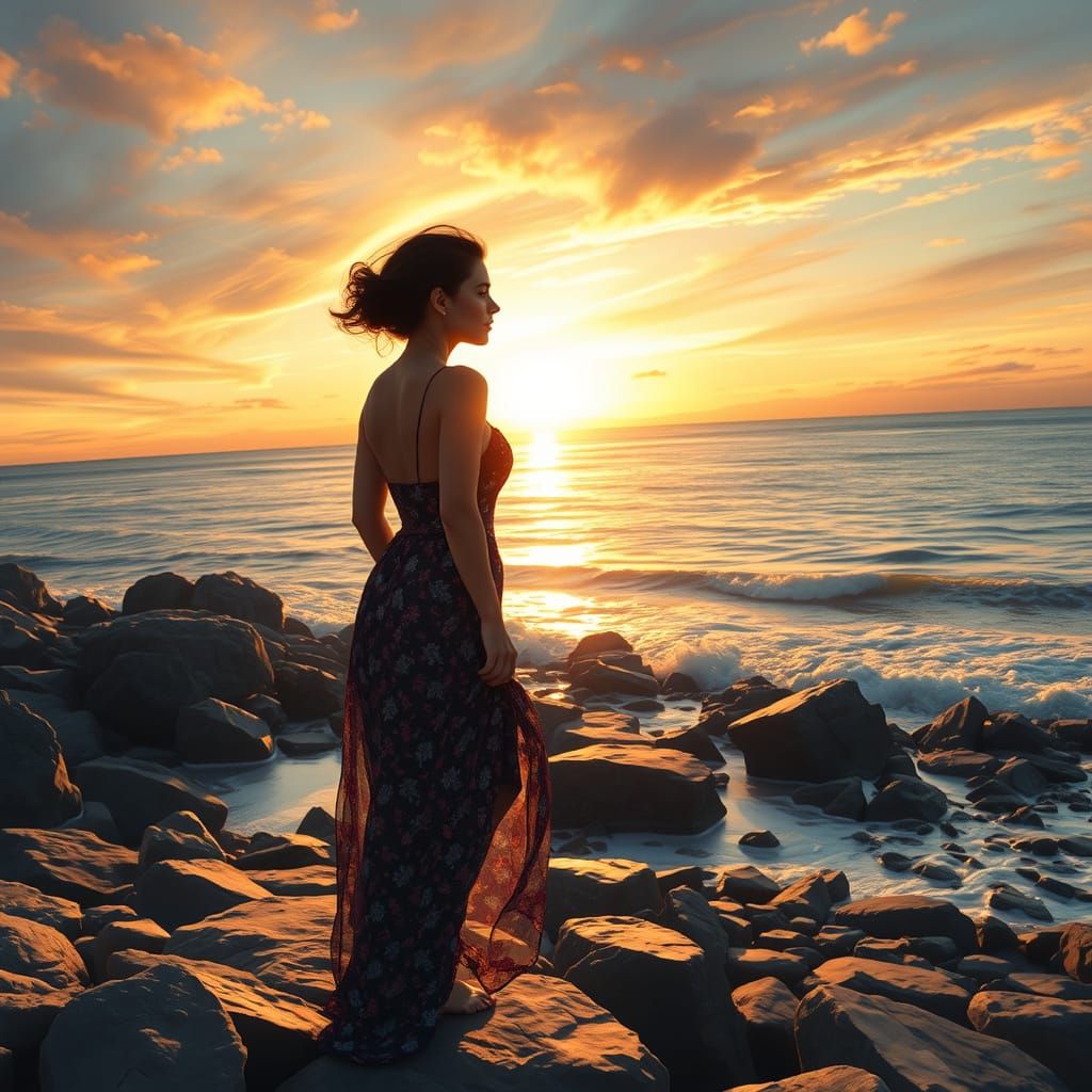 Woman on Rocky Shore at Sunset: Diamond Painting