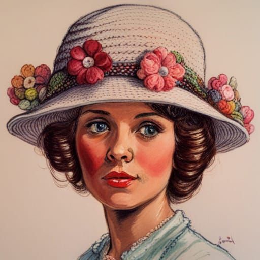 1970s Woman in Crochet Flower Hat