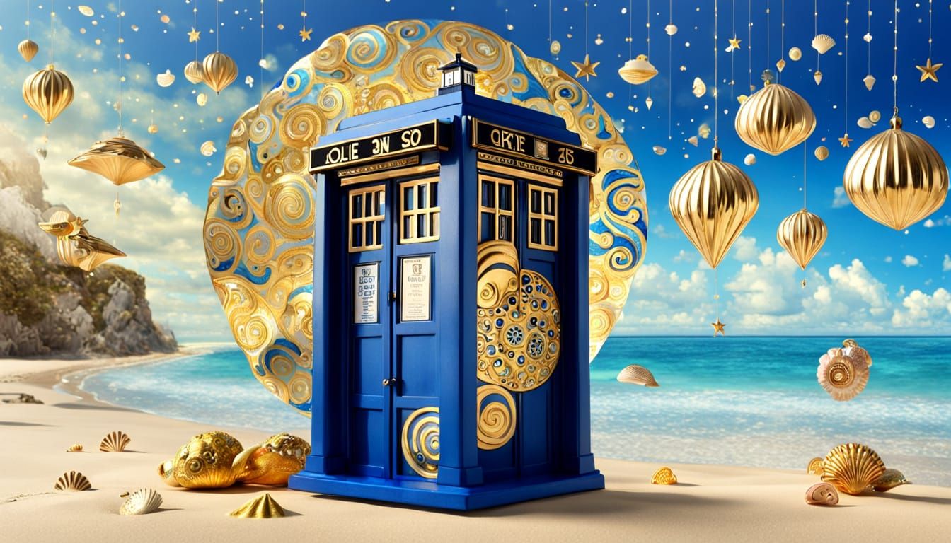 TARDIS on Beach in Klimt-Inspired Art Nouveau Style