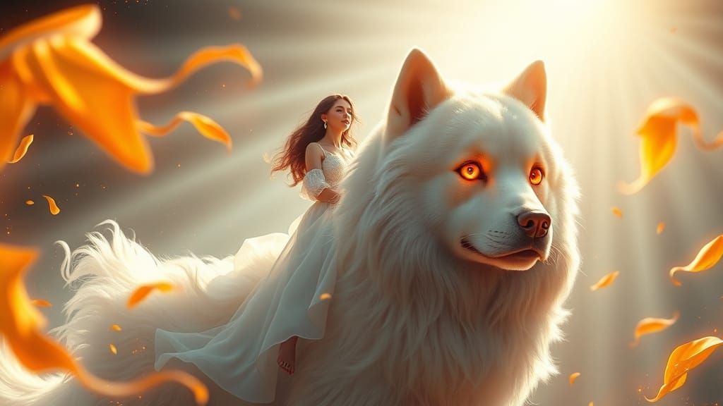 Ethereal Woman Rides Giant Komodo Dog Under Cosmic Light