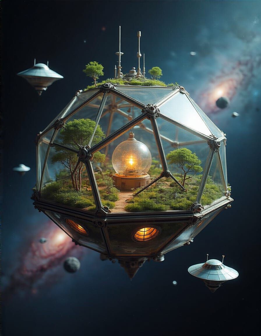 An icosahedral transparent solarpunk terrarium ecosystem interlocking modular generation ship spacecraft, tiny floating ...