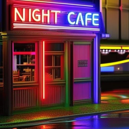 Hyperrealistic Night Cafe with Neon Sign