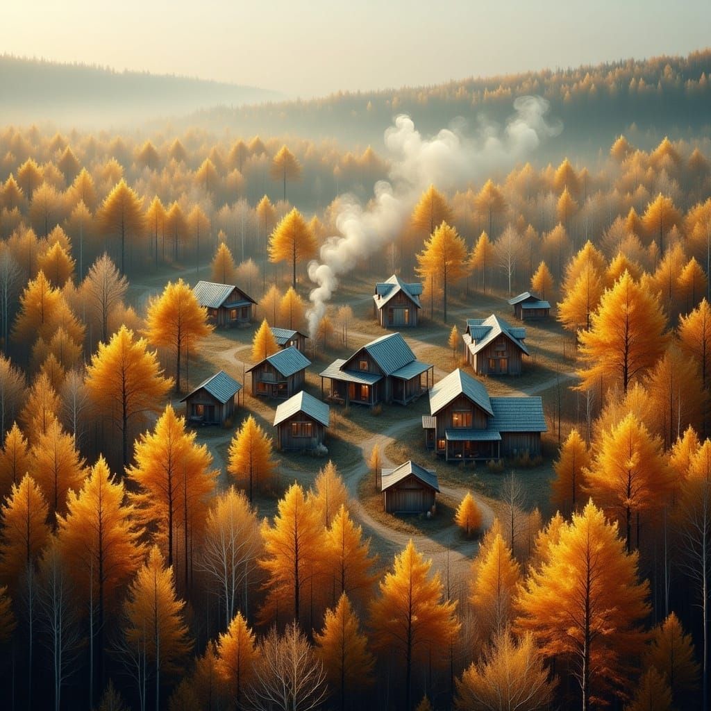 Autumn Village Aerial View in Cinematic Style