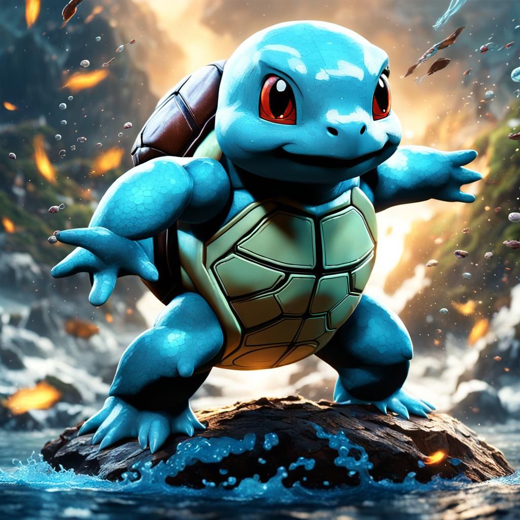 Squirtle in Pokémon Battle: Detailed Matte Painting