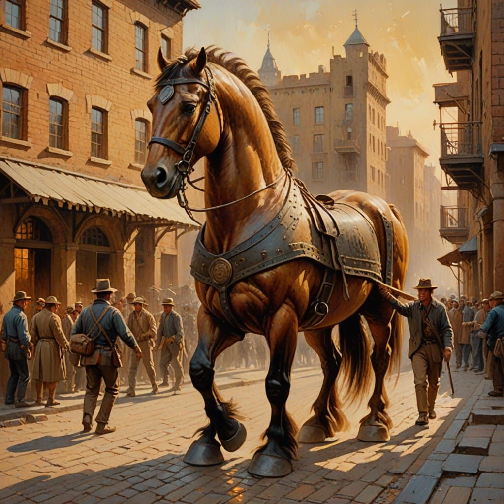 Trojan Horse Pulled into City as Oil Painting