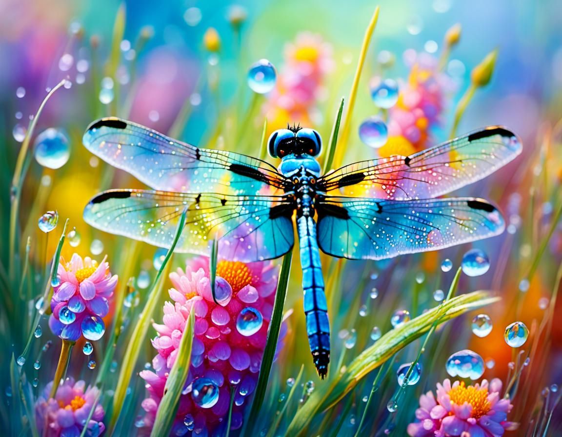 Opalescent Dragonfly on Colorful Meadow: Macro Photography