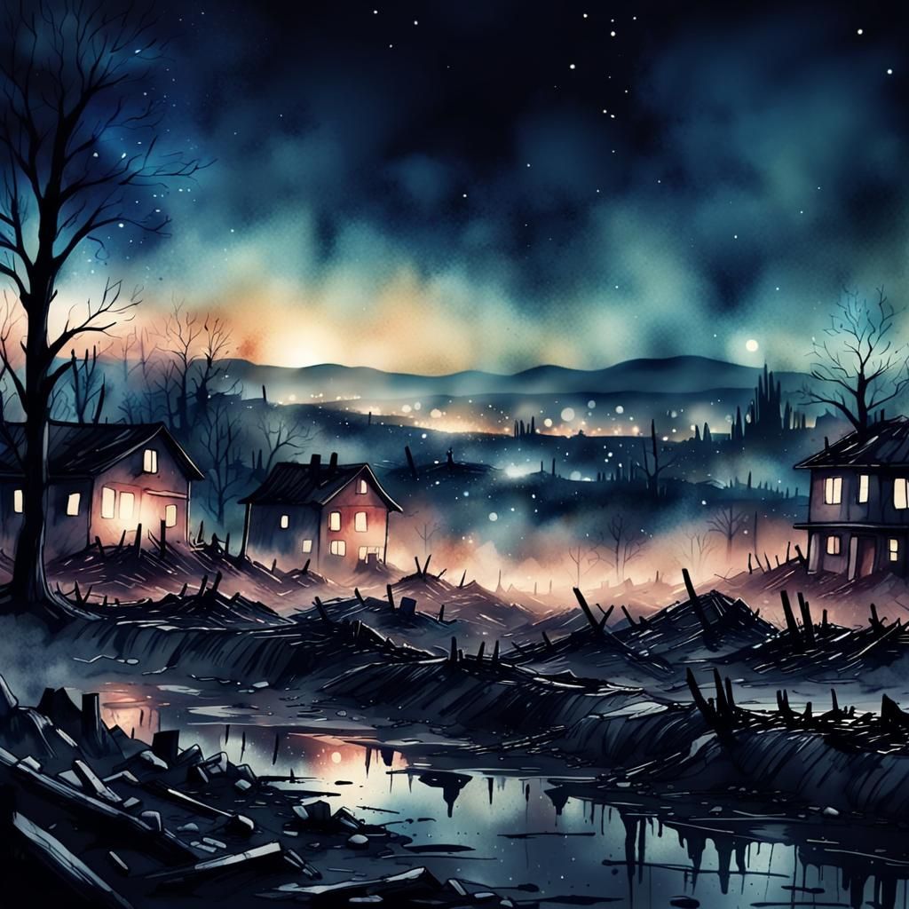 Apocalyptic Horror Descends: Watercolor Landscape at Night